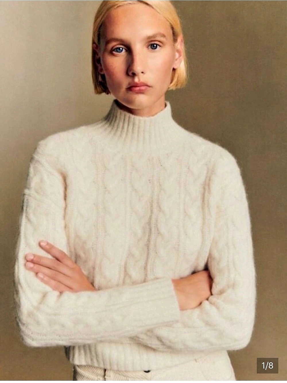 Sézane Hugo Jumper in Ecru. Cable Knit Turtleneck Cream XS